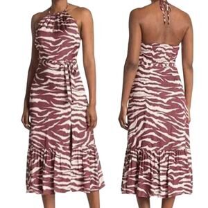 New Paige Jade Brown Zebra Print Halter Midi Slit Dress XS